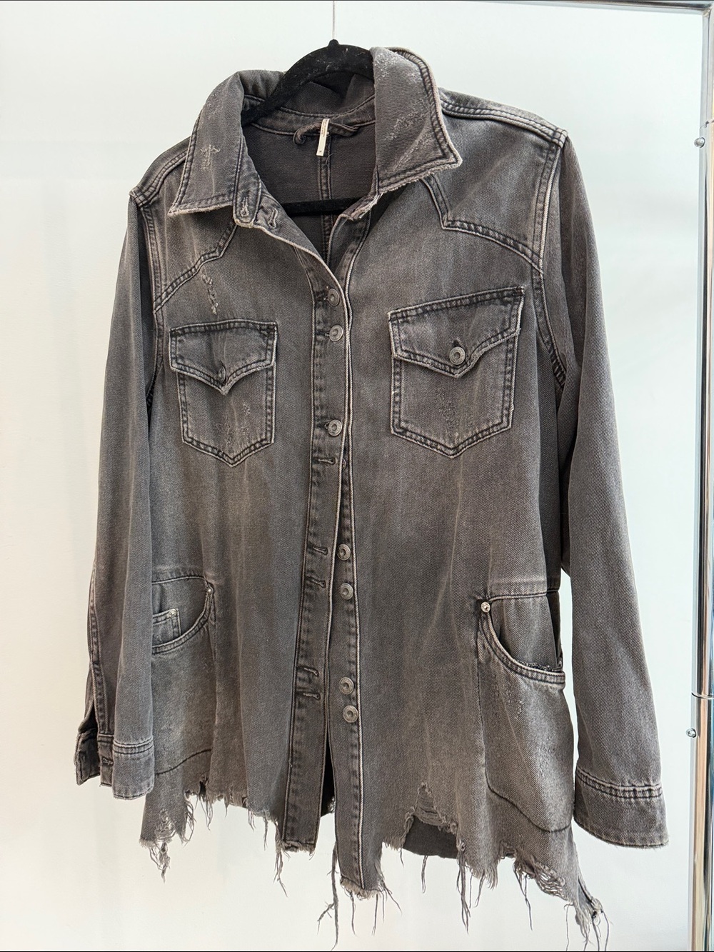 FREE PEOPLE Washed Gray Distressed Denim Jacket - Women